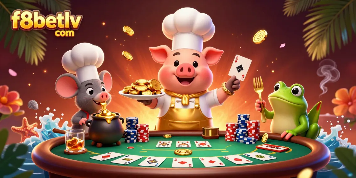 Experience the excitement of f8betlv com with a lively 3D cartoon scene featuring a chef pig, sous-chef mouse, and food critic frog.