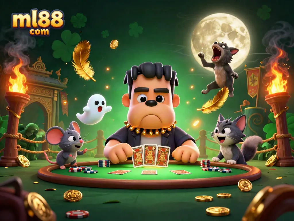 Engage in thrilling gameplay at ml88 com with a cartoon Frankenstein dealer amidst a vibrant casino scene.