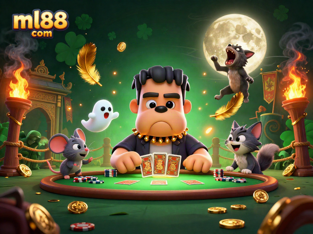 Engage in thrilling gameplay at ml88 com with a cartoon Frankenstein dealer amidst a vibrant casino scene.