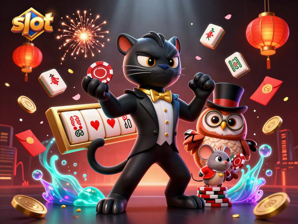 Slot reels spin as a stylish panther deals cards, surrounded by vibrant casino elements.