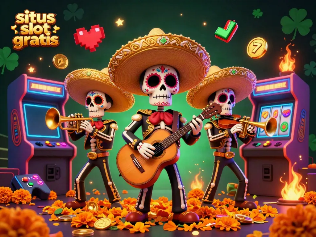 Join the fun of situs slot gratis with a vibrant mariachi band and casino elements in a festive 3D scene.