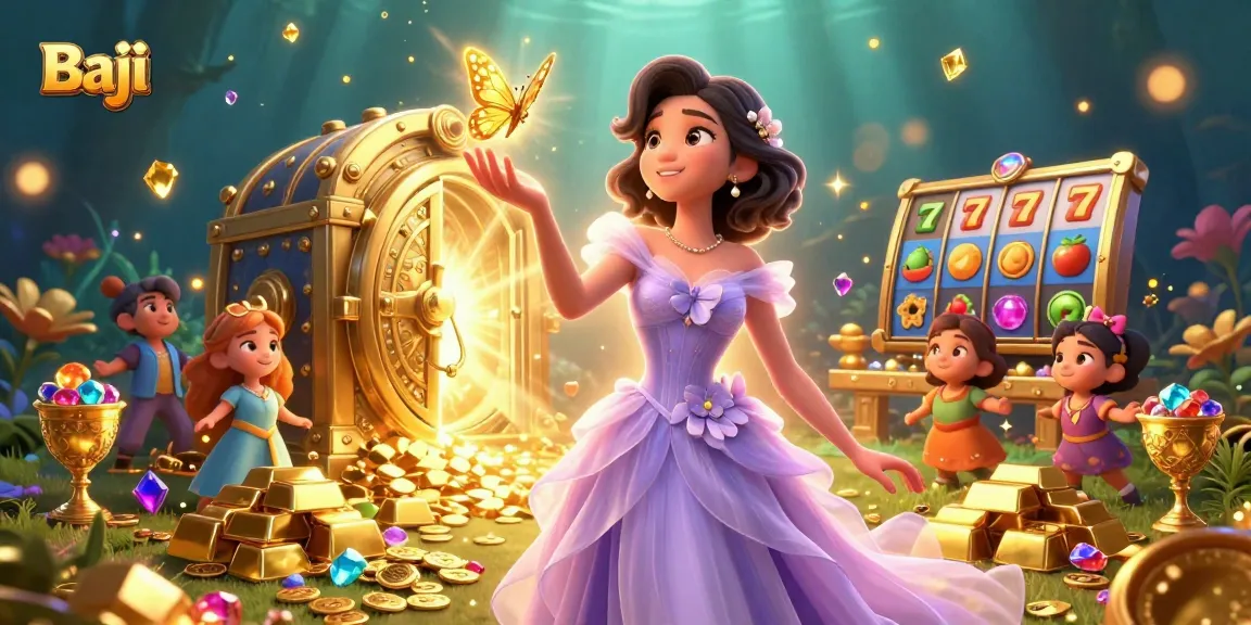 Baji platform's stunning casino illustration showcases vibrant slot reels and jackpot treasures.
