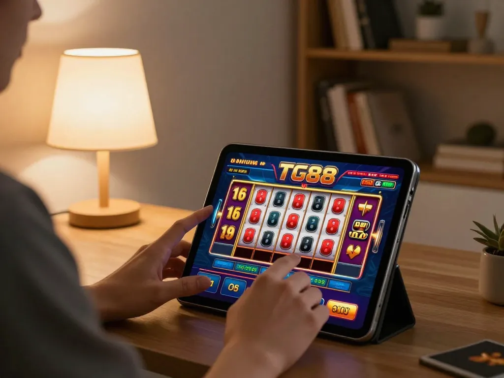 Engaged player enjoying TG88 slot games on a tablet in a cozy home setting with strategic elements.