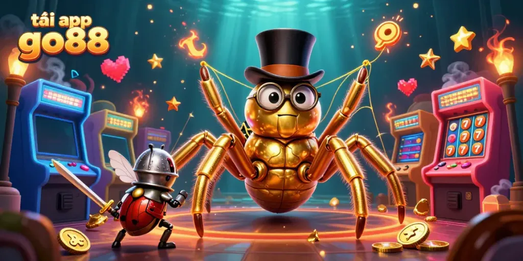 Engage with excitement while tải app go88 featuring a golden tarantula weaving casino magic with vibrant gaming elements.
