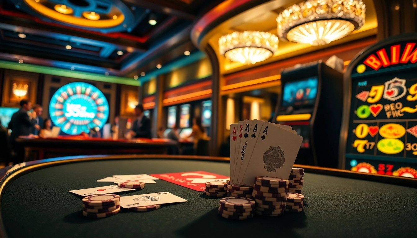 Win55 Casino features a luxurious poker table and roulette wheel, creating a thrilling gambling atmosphere.