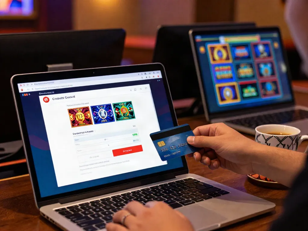 Engaging scene of online credit card casinos with a laptop displaying credit card deposits and popular slot games.