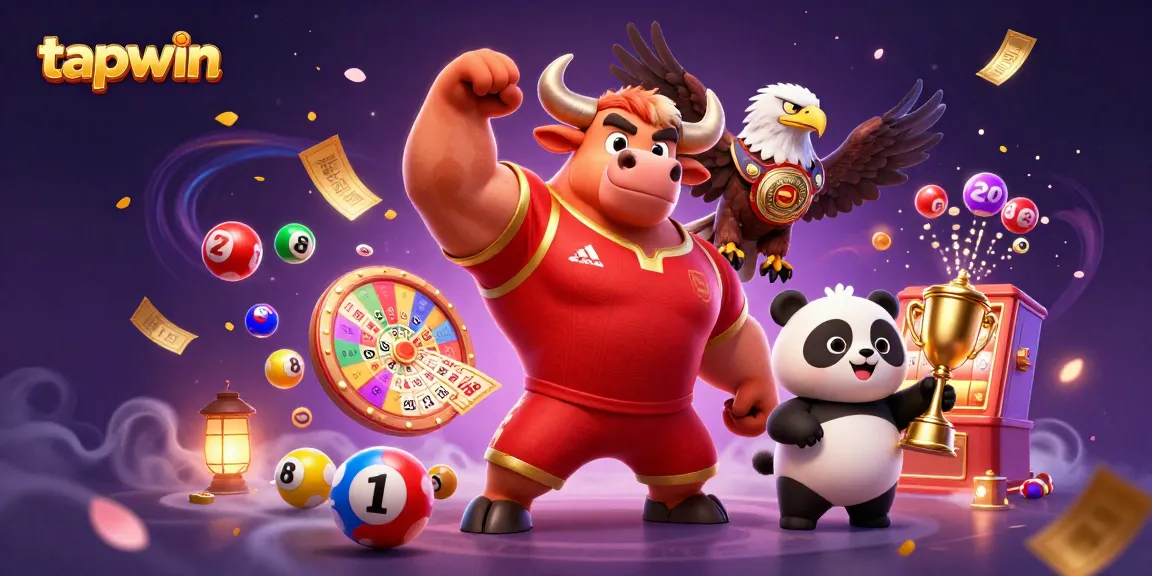 Experience the thrill of tapwin with a vibrant 3D casino scene featuring a muscle-bound bull, eagle, and panda celebrating winnings amidst dynamic game elements