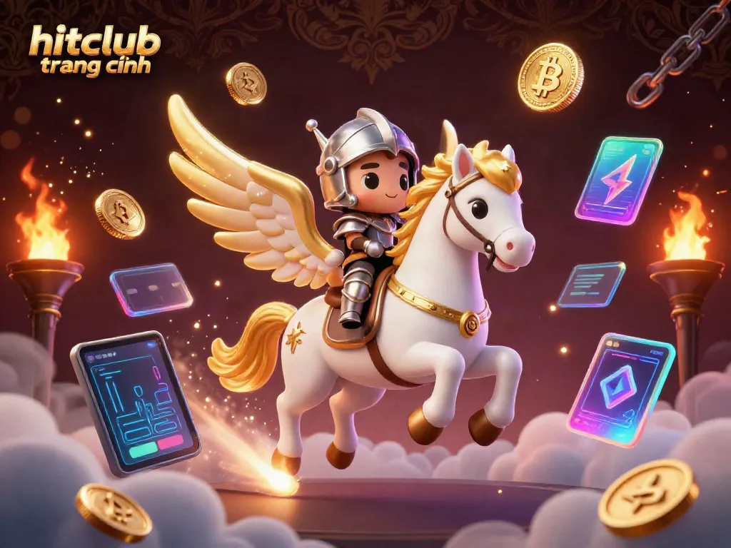 Experience exciting gaming with hitclub trang chính featuring a celestial horse, knight, and glowing crypto coins