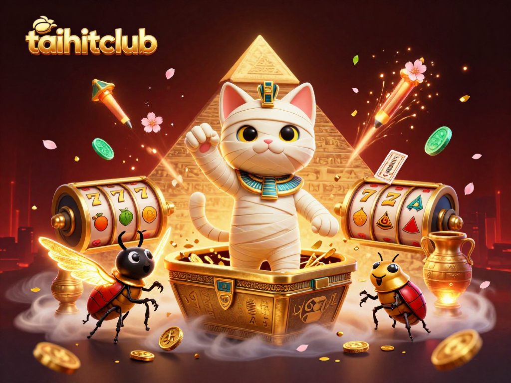 Join the exciting adventures at taihitclub with a mystical Egyptian mummy cat in a lively casino setting.
