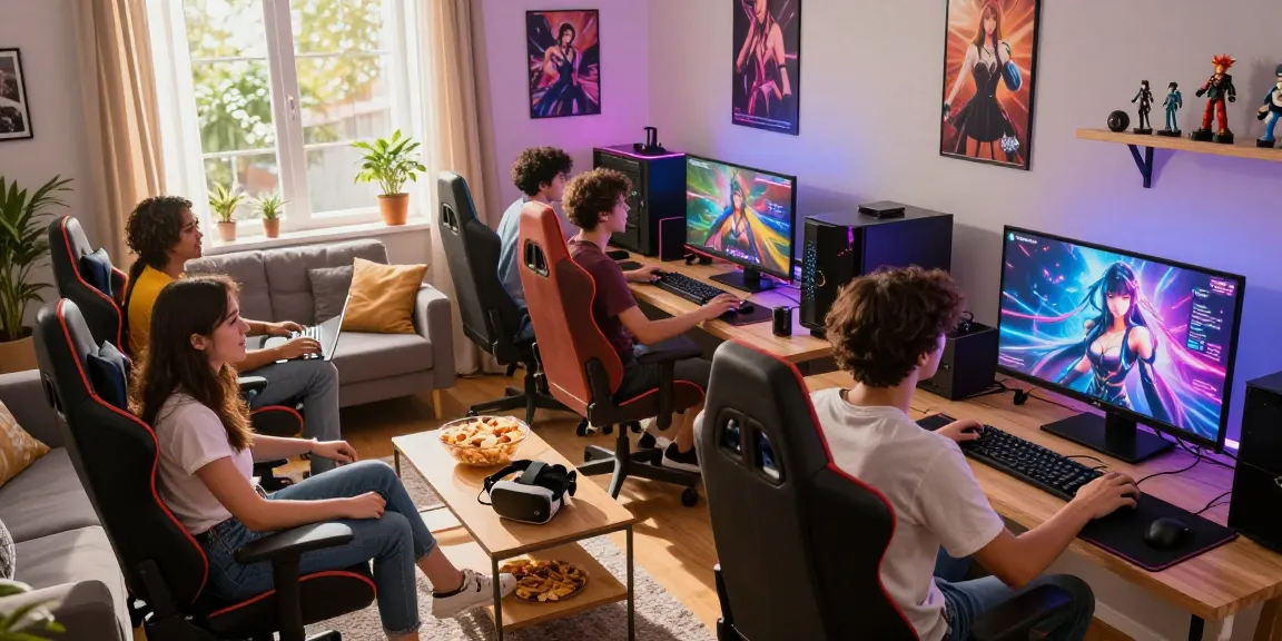 Enjoying hentai games online in a cozy gaming setup, showcasing multiplayer interaction and vibrant decor.