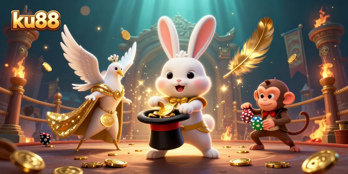 Win big with ku88 in this dynamic 3D casino illustration showcasing magical characters and elements.