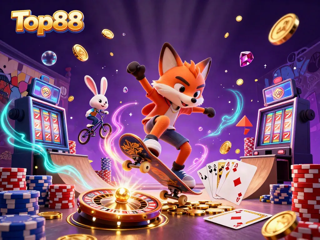 Watch the Top88 fox skateboarder kickflip over poker chips in a vibrant casino scene.