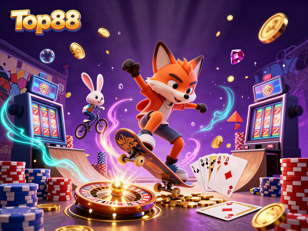 Watch the Top88 fox skateboarder kickflip over poker chips in a vibrant casino scene.