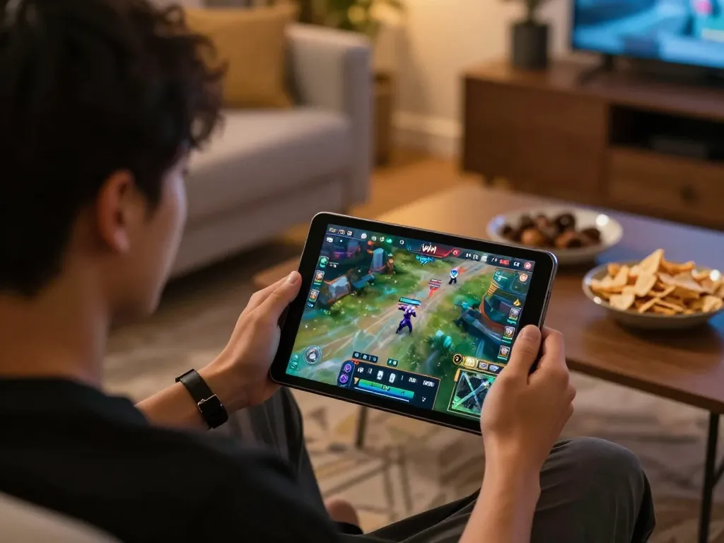 Engaging home scene featuring a player enjoying game iwin on a tablet, reflecting a casual online gambling experience.