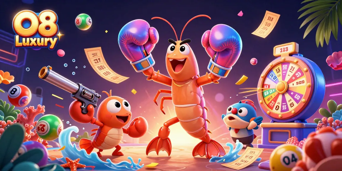 Engage in thrilling action at O8 Luxury with vibrant casino elements and cartoon characters.
