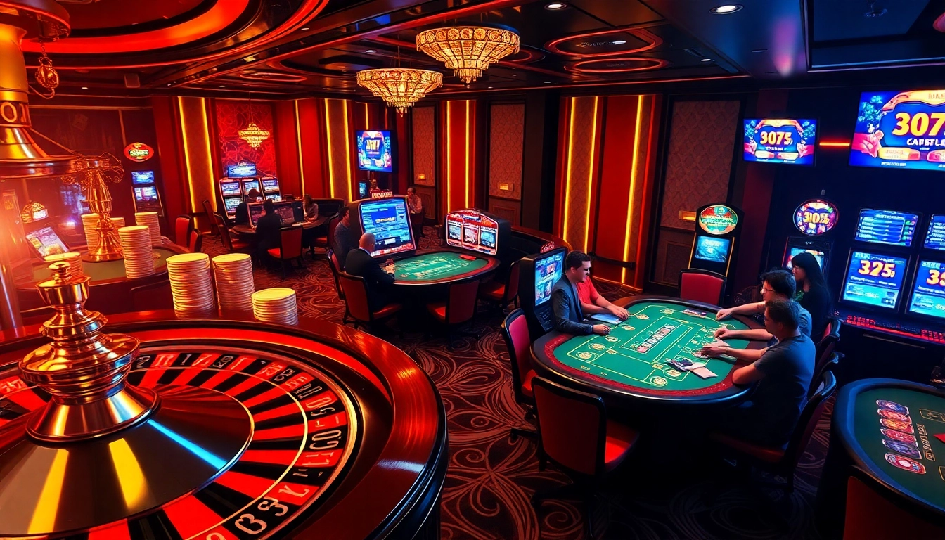 33win casino scene showcasing exciting gambling with roulette, poker, and slot machines.