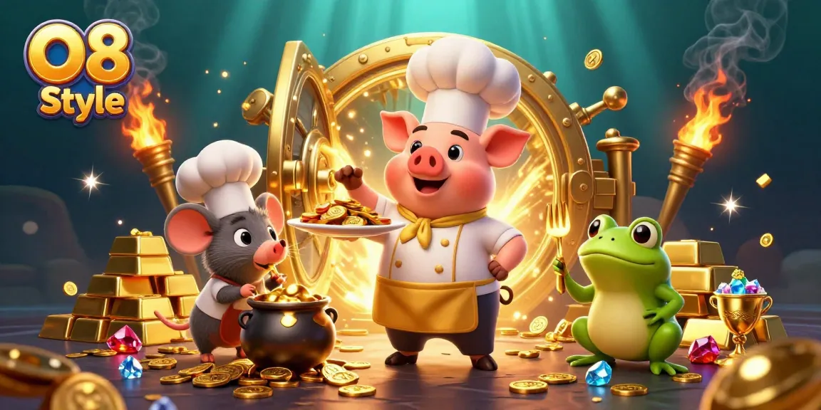 Engage with O8 Style and enjoy a vibrant casino scene featuring a chef pig serving jackpot coins, showcasing wealth and excitement.
