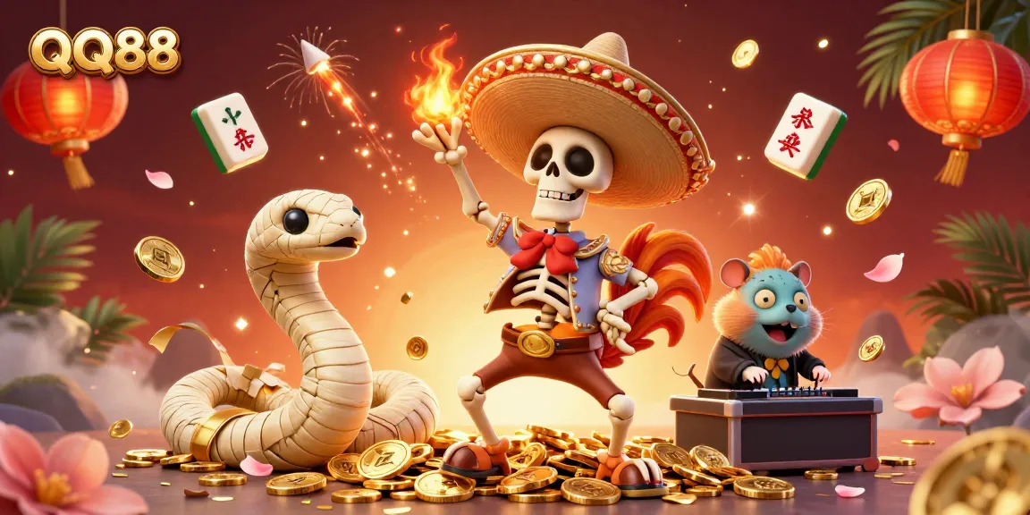Experience the excitement of QQ88 as a 3D cartoon mariachi rooster dances on golden coins, surrounded by festive elements.