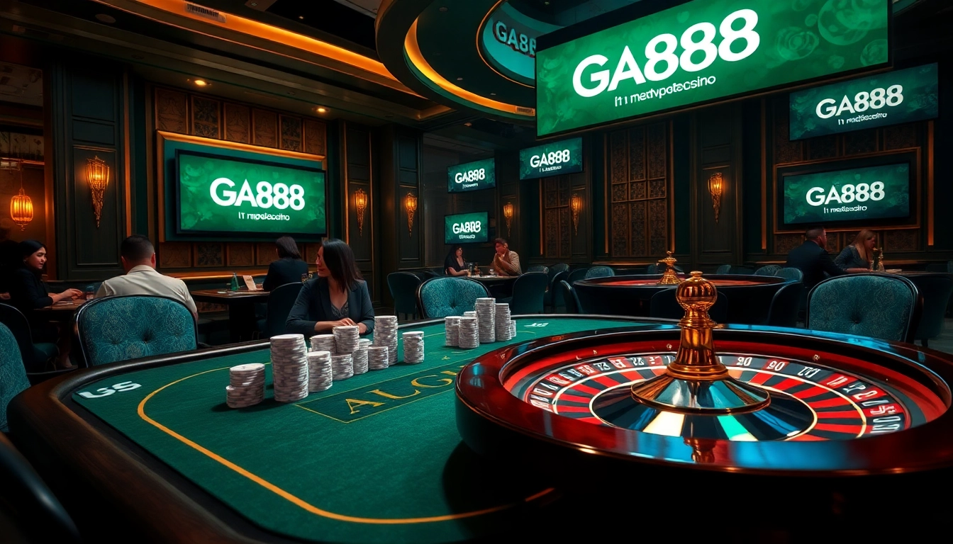 Engaged players at a luxurious GA888 casino table, showcasing excitement in high-stakes gambling.