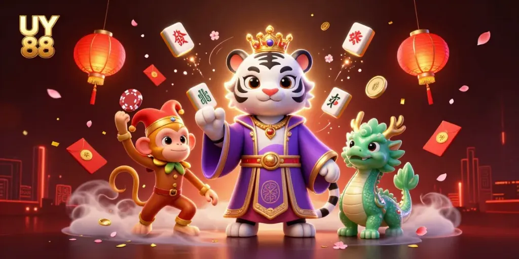 Engage with UY 88's vibrant casino atmosphere featuring a playful tiger and monkey amidst an array of gaming elements.