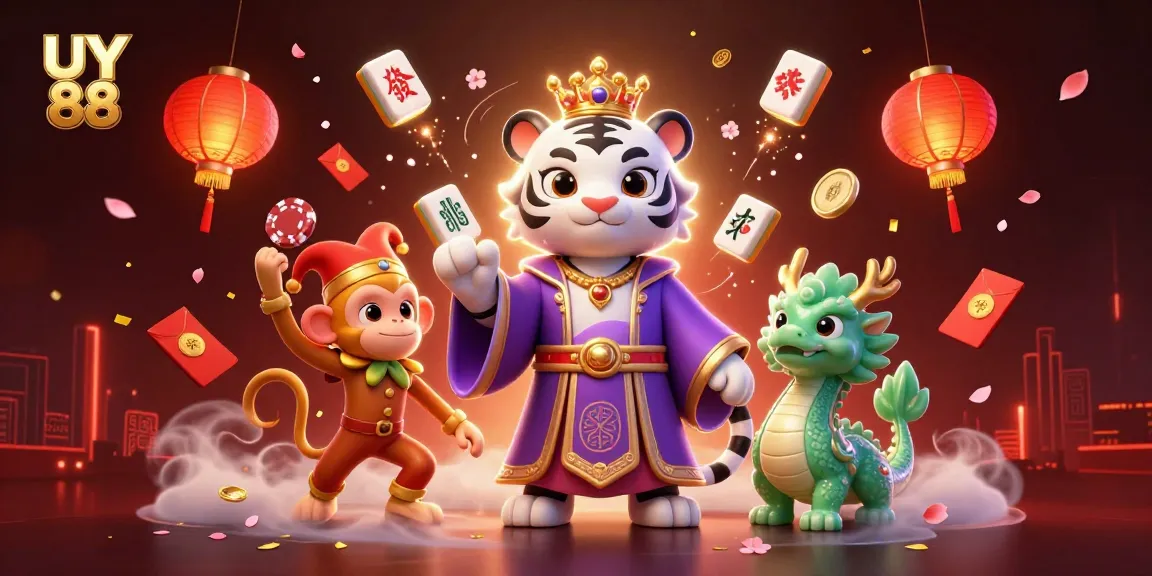 Engage with UY 88's vibrant casino atmosphere featuring a playful tiger and monkey amidst an array of gaming elements.