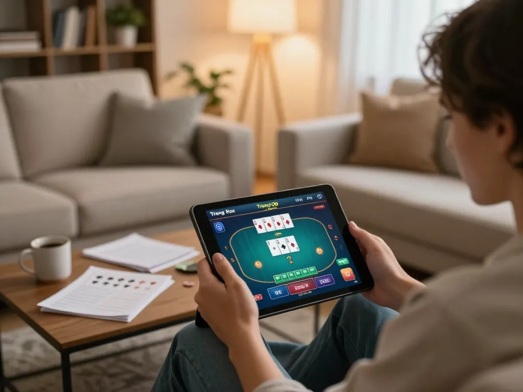 Engaging with the Trang Chủ O8 poker game on a tablet in a cozy home setting, emphasizing strategic gameplay