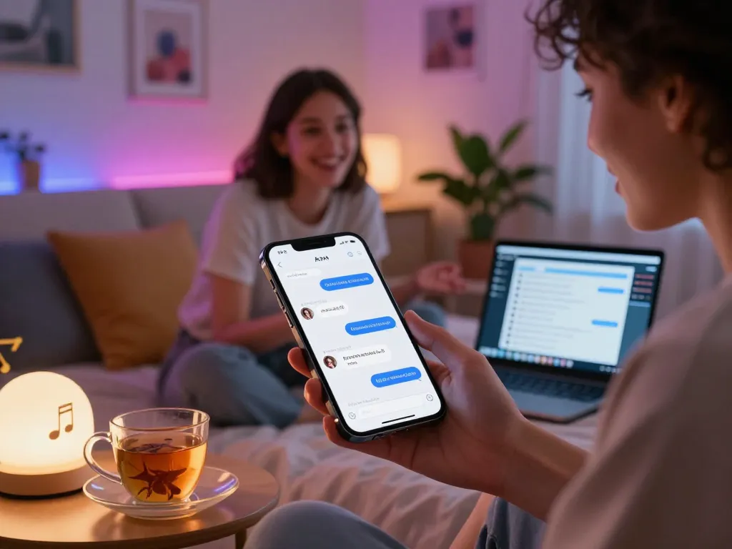 Engaging discussion on free ai sex chat displayed on a smartphone in a cozy bedroom atmosphere.