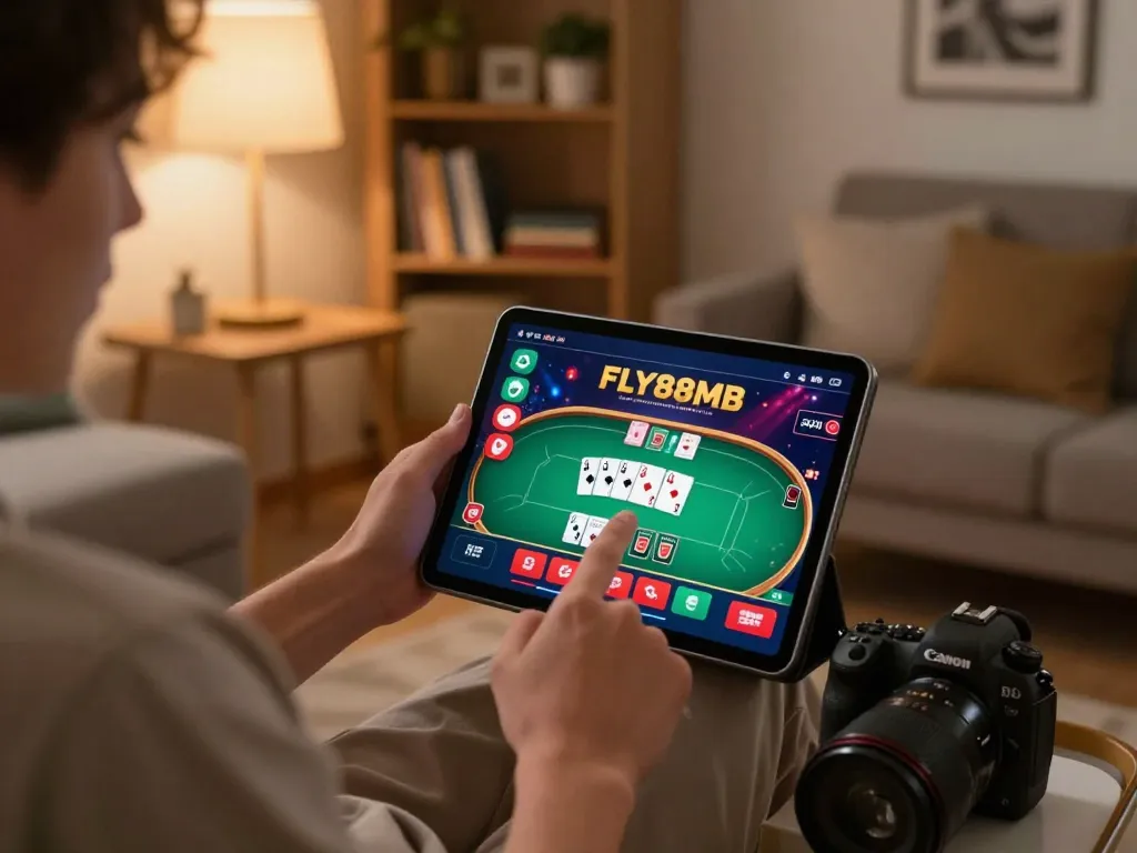 Engaging in strategic online poker gameplay on the FLY88MB app in a cozy home setting.