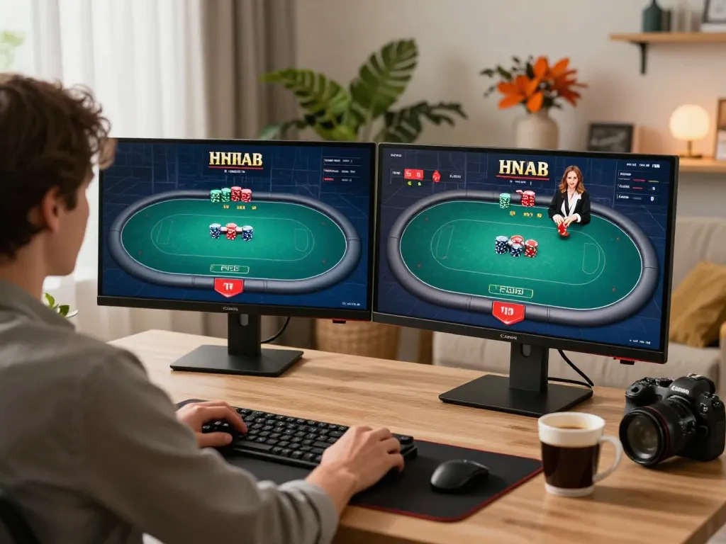Engaged player participates in vipwin79 online poker game at home office with strategic focus.