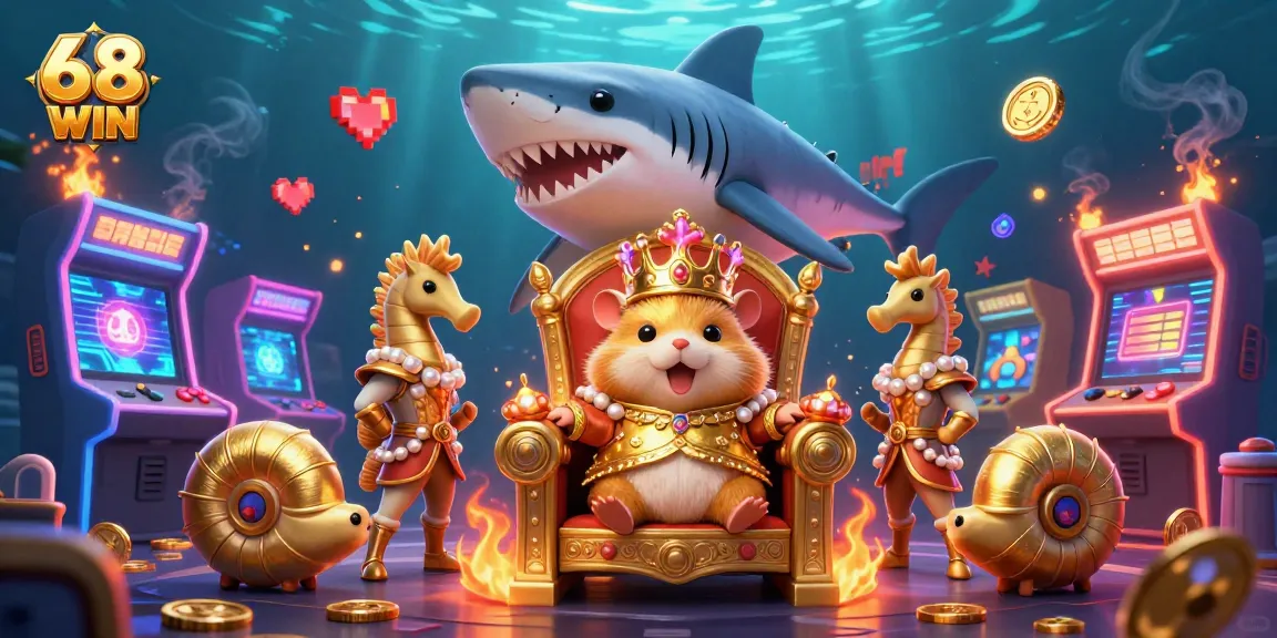 Win big with 68 WIN at a vibrant casino scene filled with arcade games and regal characters.