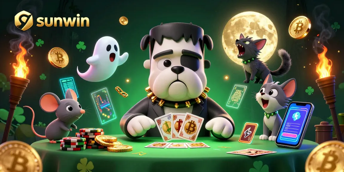 sunwin offers an exciting gaming experience with a playful Frankenstein bulldog and ghostly mouse during a card game.