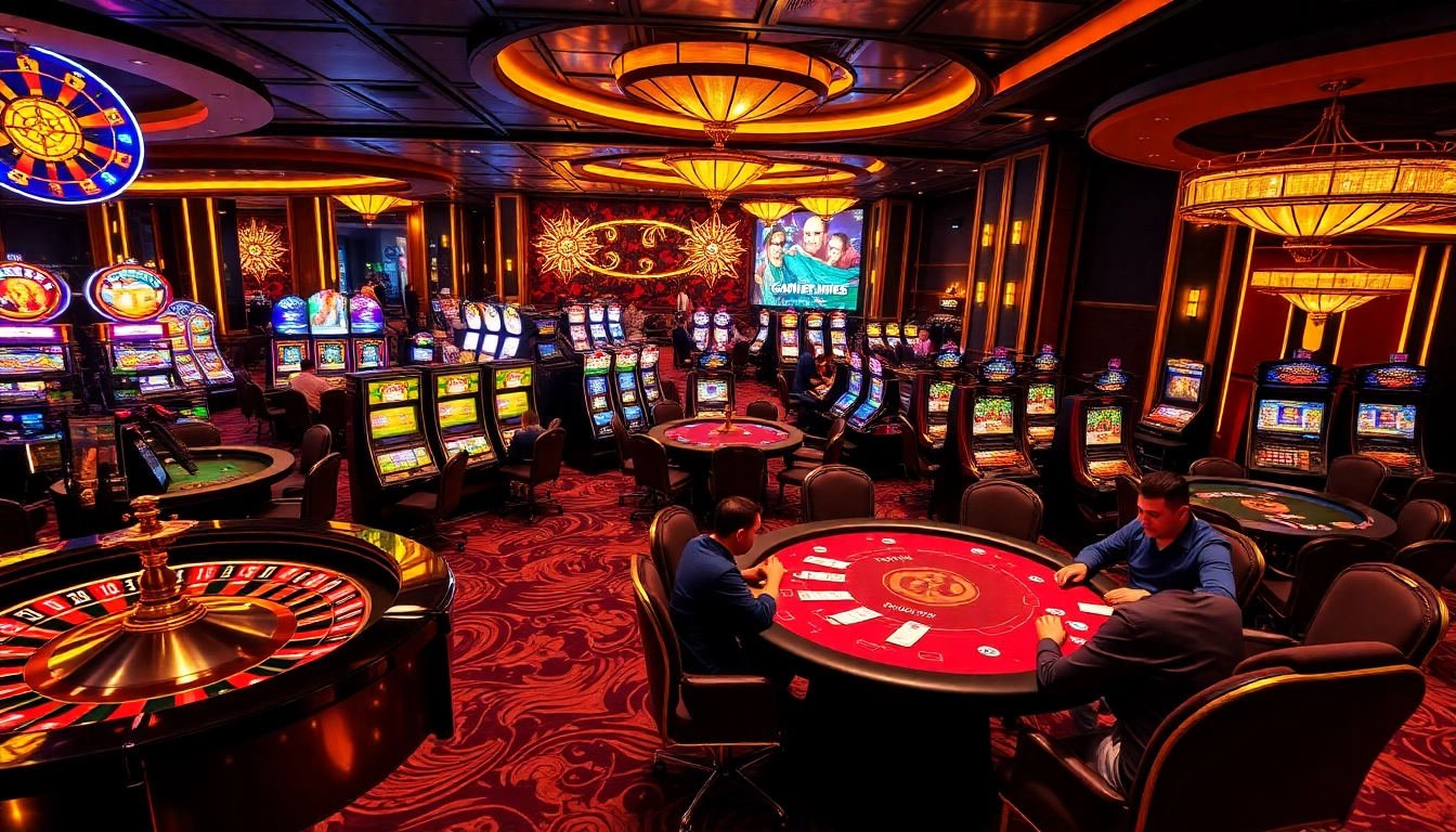 Engaged gamblers enjoying qh88 casino games at vibrant tables with roulette and slots.