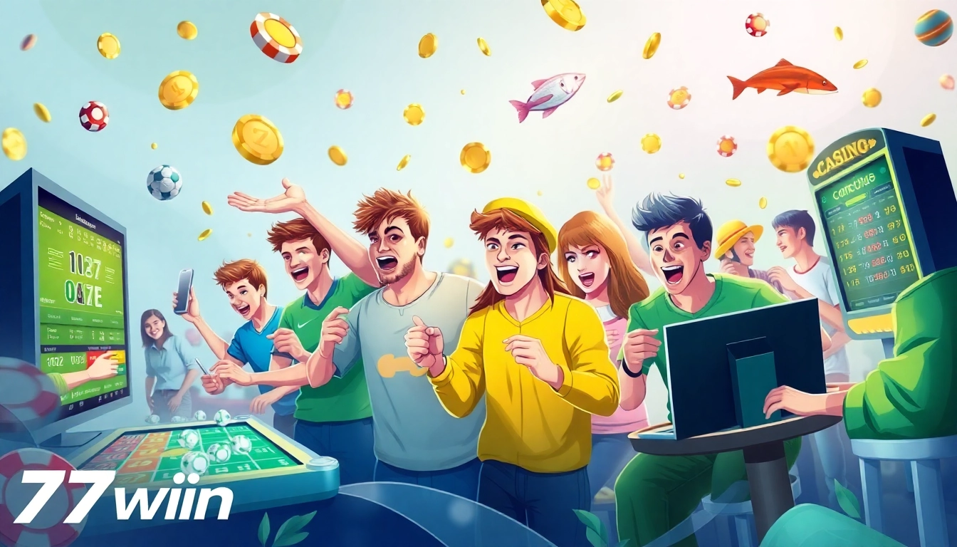 Engaging online gaming scene showcasing 77win dar where players enjoy sports betting, casino games, and fishing adventures.