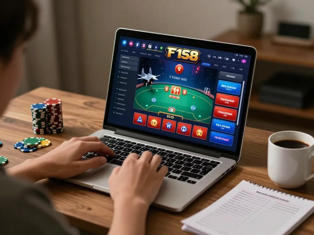 Engaging gaming at NHÀ CÁI F168 with colorful poker interface on a laptop