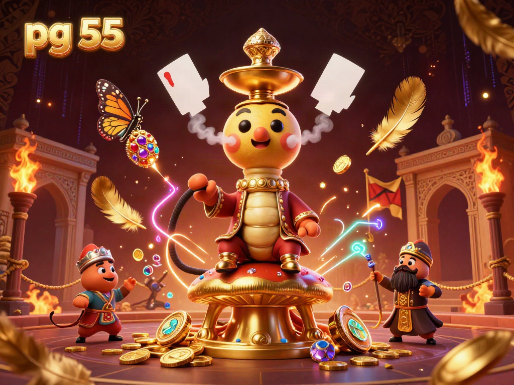 Engage with the vibrant pg 55 casino scene featuring a whimsical caterpillar master creating poker symbols amidst dynamic gambling elements.