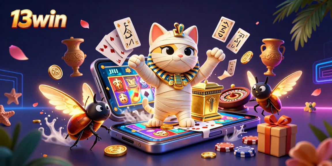 Engage with 13win's spectacular gaming world featuring a mummy cat and glowing beetle amidst vibrant casino elements.