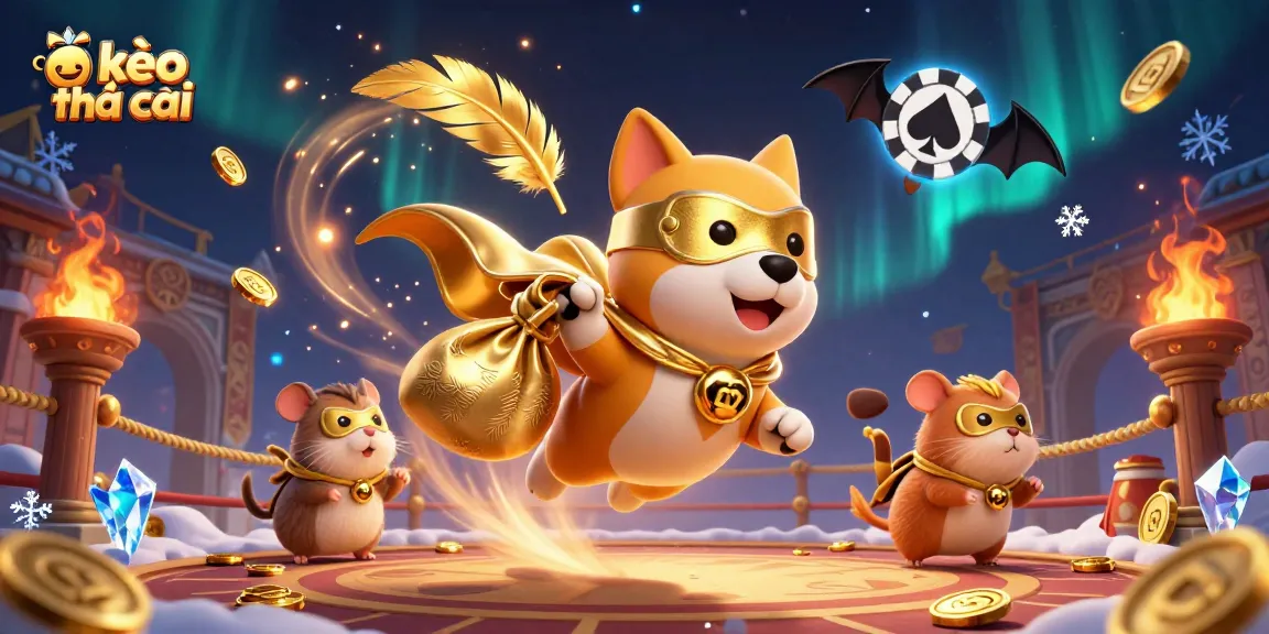 Bet on kèo nhà cái with this vibrant illustration of a superhero dog flying through gambling-themed elements.