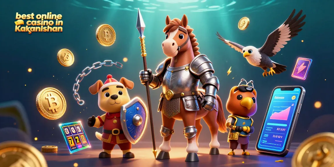 Engage in the best online casino in Kazakhstan with a vivid illustration of knights, crypto elements, and vibrant casino items