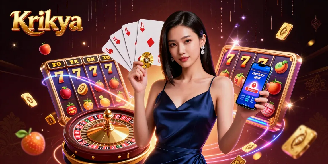 Krikya offers thrilling slots and jackpot games, illustrated by an Asian woman with a casino app, golden chip, and casino elements.