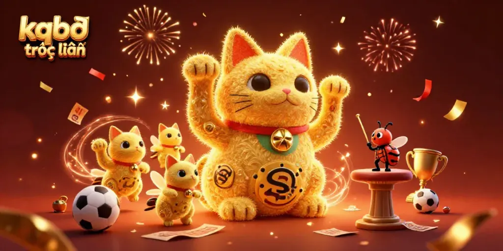 Experience the thrill of kqbđ trực tuyến with a golden lucky cat in a vibrant casino setting.