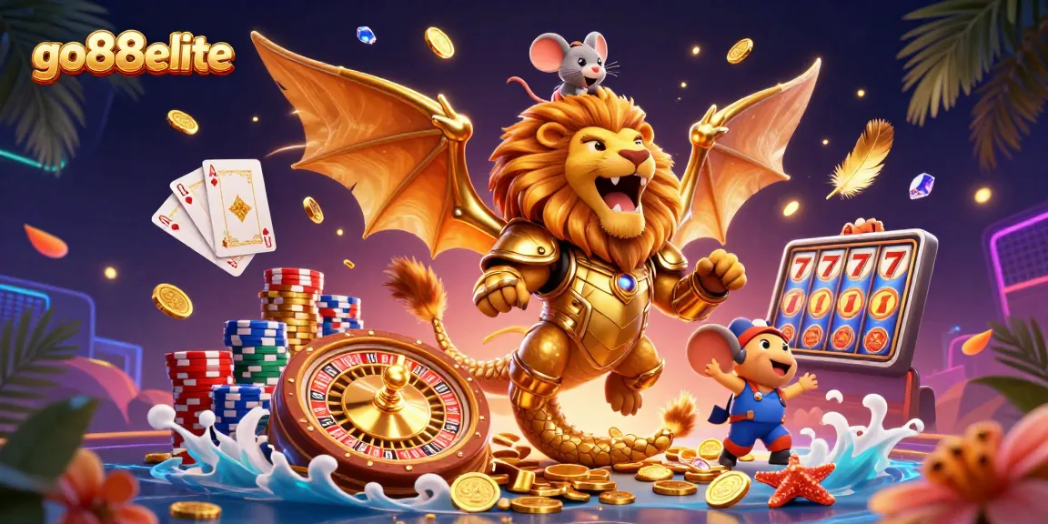 Experience exciting gameplay with go88elite in this vibrant casino illustration featuring golden treasures and lively characters.