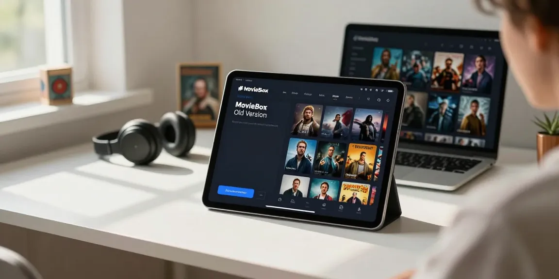 Scene showcasing the MovieBox Old Version app interface with a cozy workspace setup for movie streaming at home.