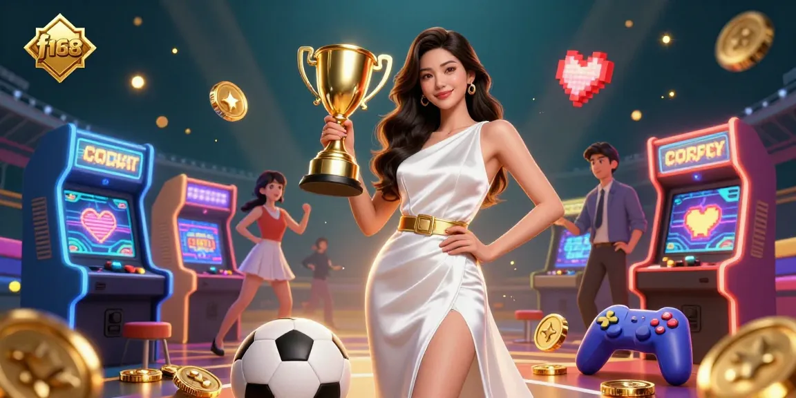 Engage in exciting gaming with f168, where a confident gamer holds a trophy amidst dynamic sports betting elements.