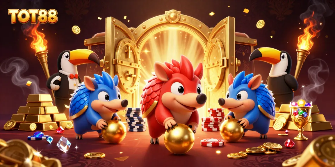 Engage with TOT88's vibrant 3D scene featuring rival pangolins, poker chips, and dazzling treasures.
