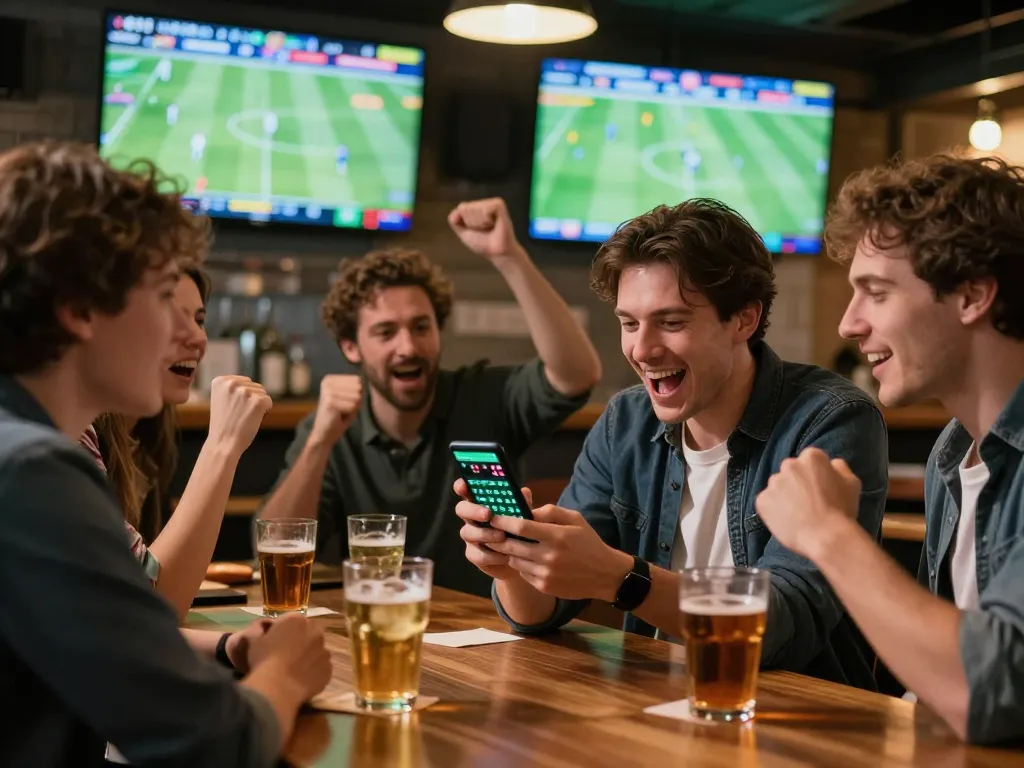 Xoilac user engaging with sports betting app during an exciting football match with friends.