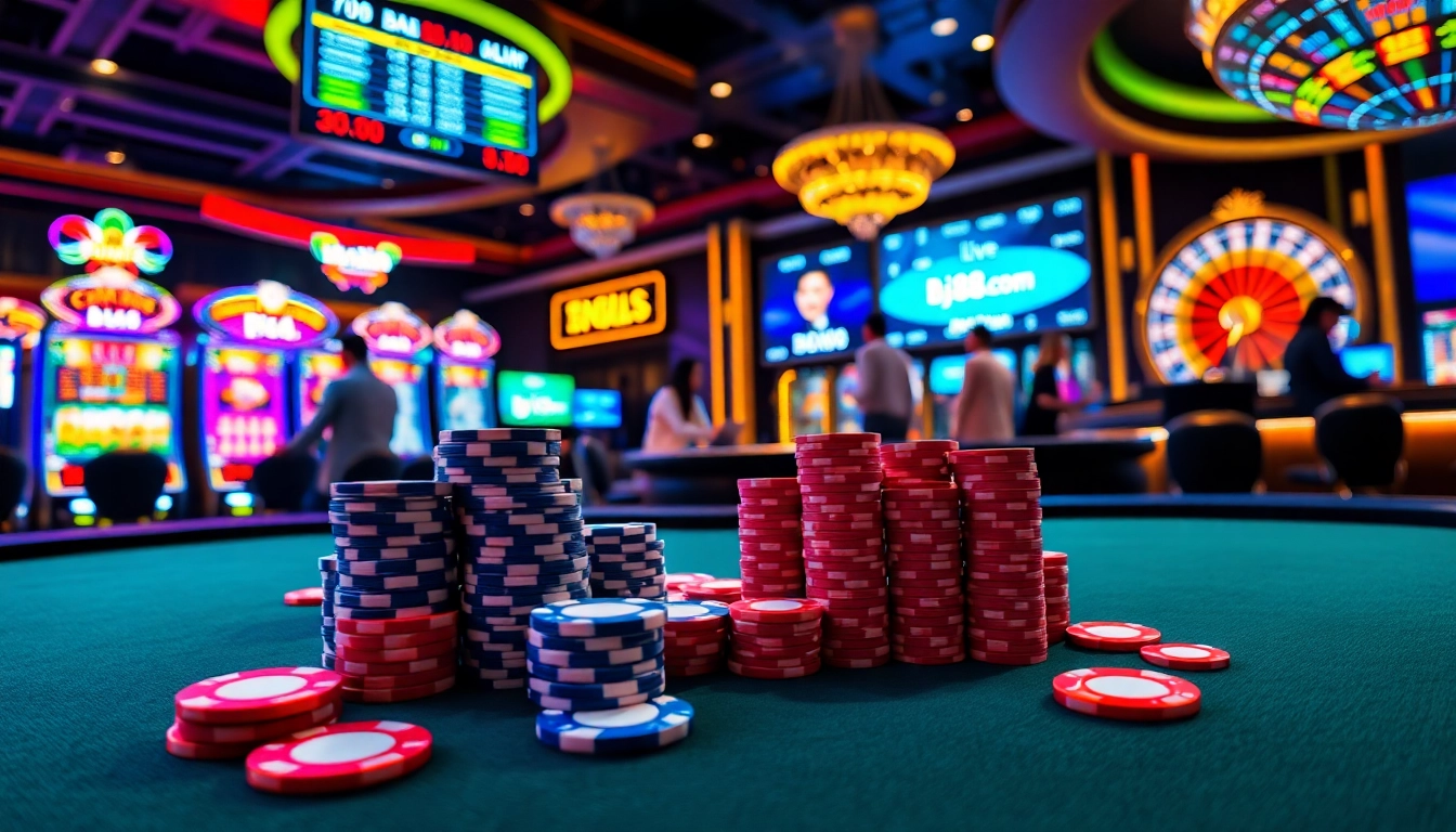 Experience the excitement of casino gaming at bj88.com with vibrant poker tables and slot machines.
