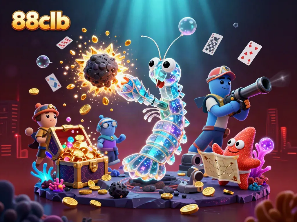 Engaging scene with 88clb theme featuring a galactic samurai mantis shrimp and starfish in an underwater casino setting.