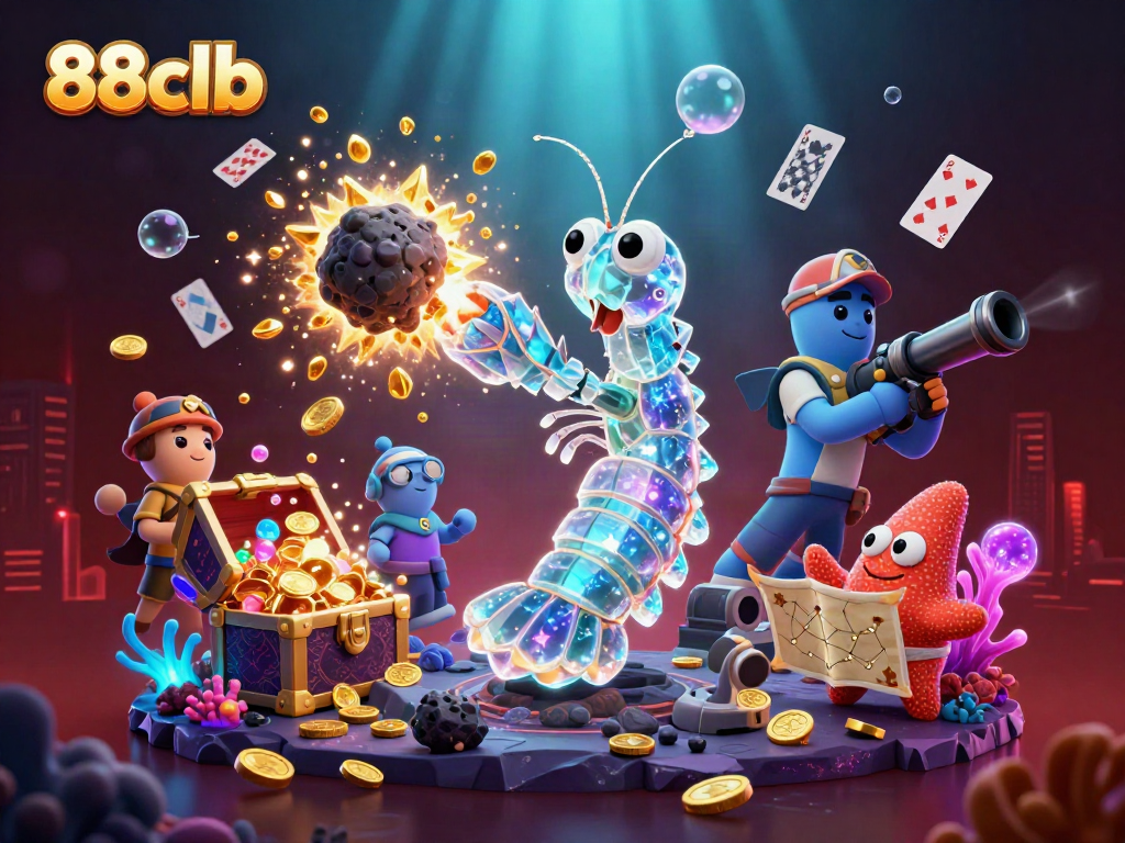 Engaging scene with 88clb theme featuring a galactic samurai mantis shrimp and starfish in an underwater casino setting.