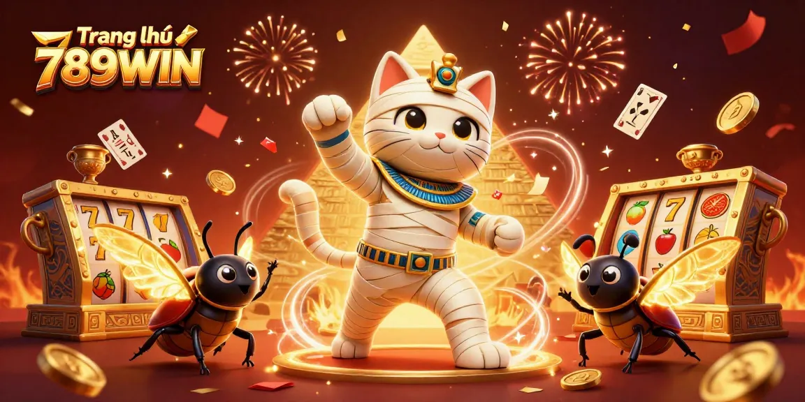 Spin winning reels on Trang chủ 789WIN with an Egyptian mummy cat in a thrilling casino scene.