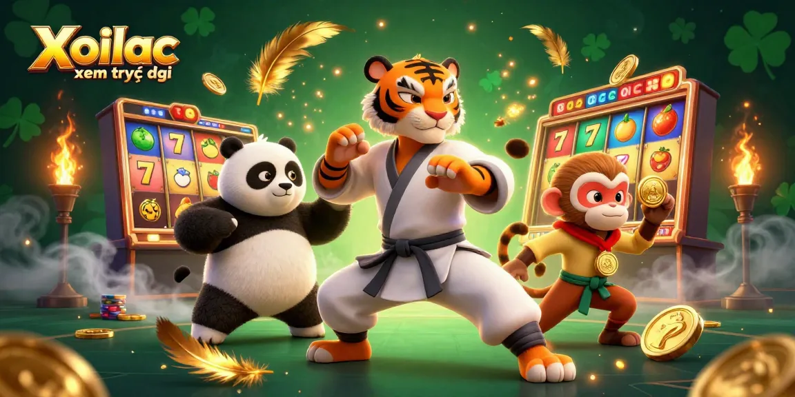 Xoilac xem trực tiếp showcases an energetic tiger master and disciples in a vibrant online casino scene.